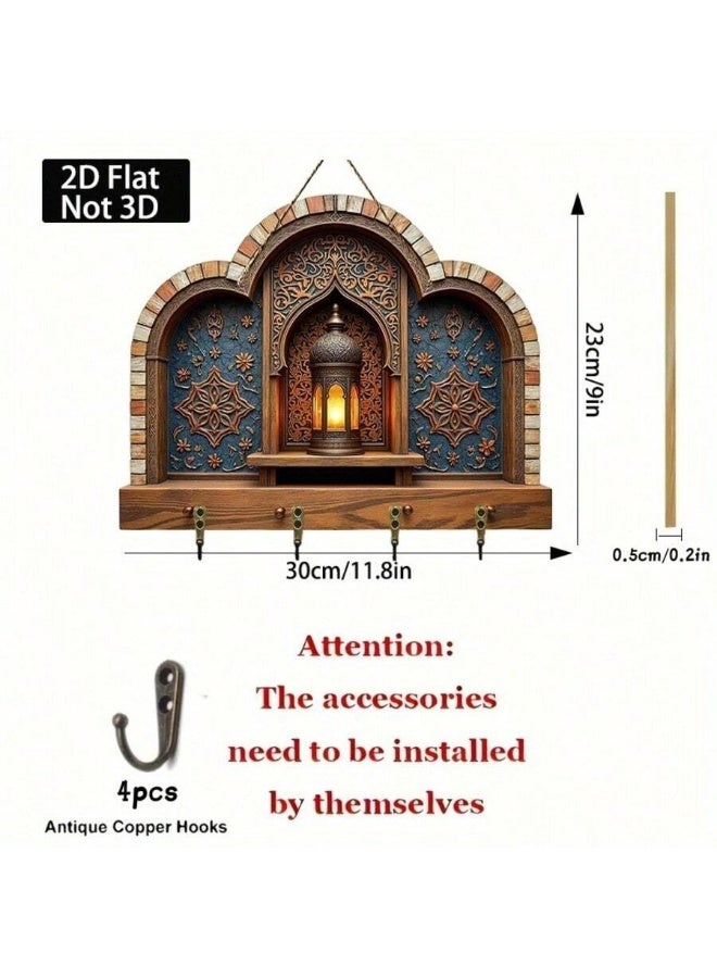 Decorative Wall Key Holder with Hooks – Islamic Arch Design Wall Decor – Vintage Wooden Key Rack with 4 Antique Copper Hooks – Entryway Organizer (2D Flat) - Image 3